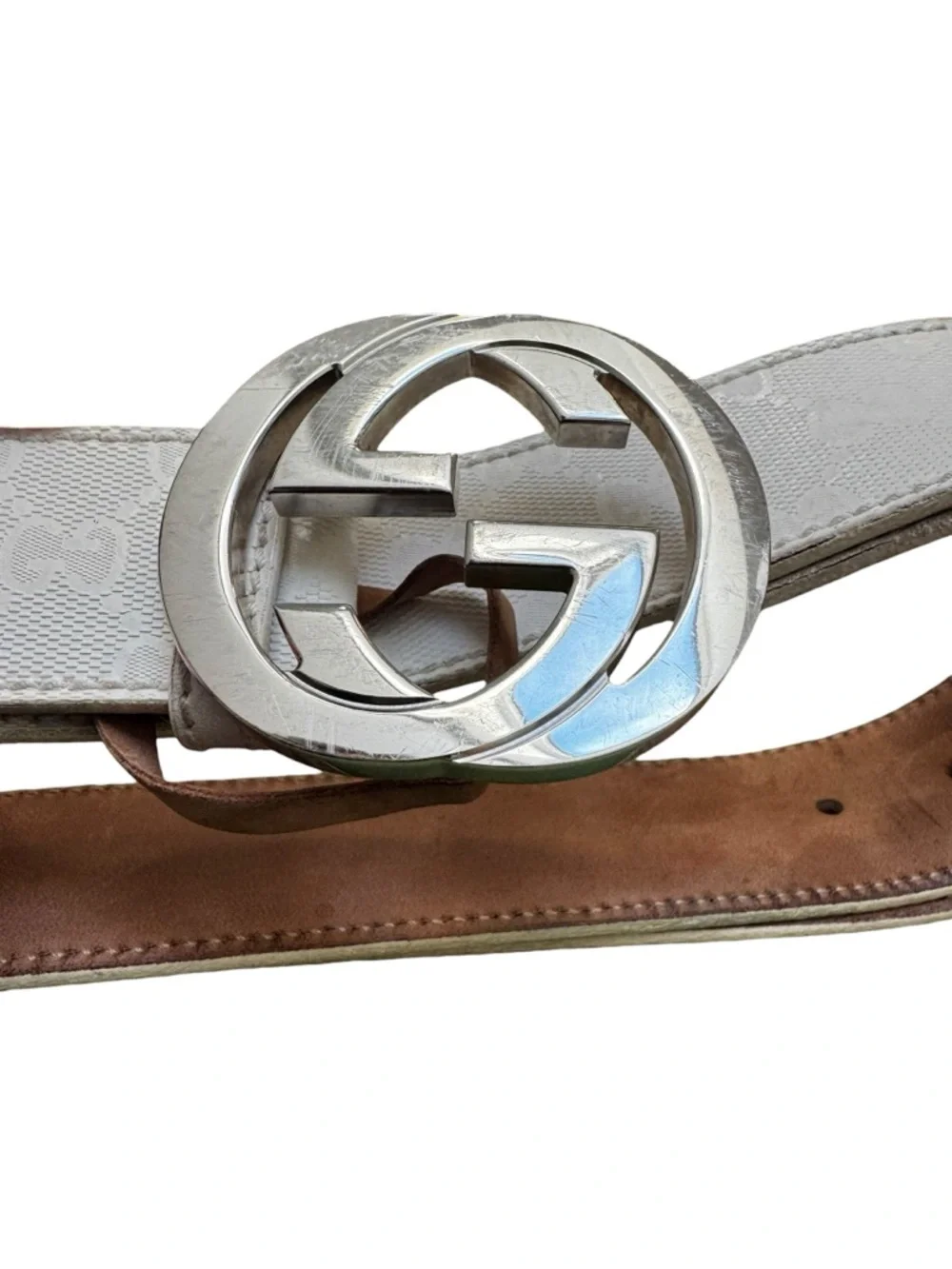Gucci Cream Monogram Canvas Belt with Silver Double G Buckle